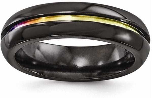 Edward Mirell Black Titanium Grooved Multi-Colored Anodized 6mm Wedding Band, Size 8.5