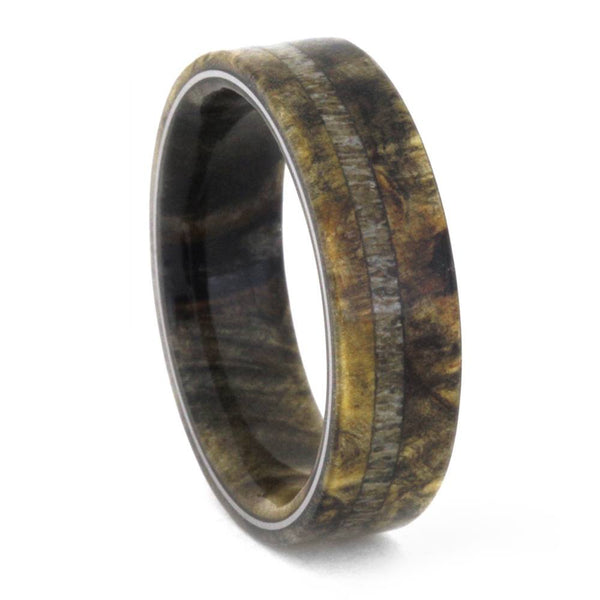 Deer Antler, Buckeye Burl Wood 6.5mm Comfort-Fit Titanium Band