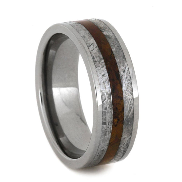 Gibeon Meteorite, Petrified Wood 8mm Comfort-Fit Titanium Ring, Size 12