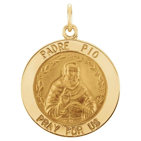 Rhodium Plated 14k Yellow Gold Round St. Padre Pio Medal (18.5 MM)