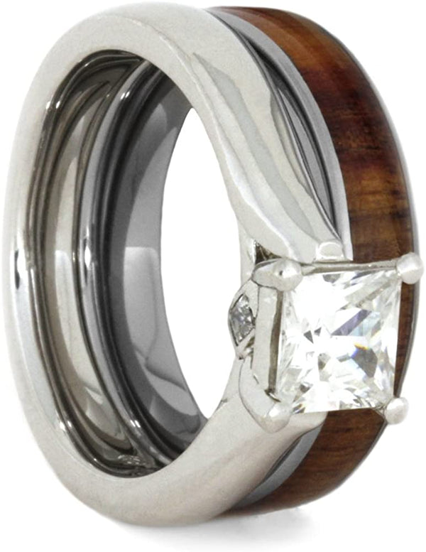 The Men's Jewelry Store (for HER) Charles & Colvard Moissanite and Diamond 10k White Gold Engagement Ring, Tulip Wood Titanium Wedding Band, Bridal Set, Size 15.5
