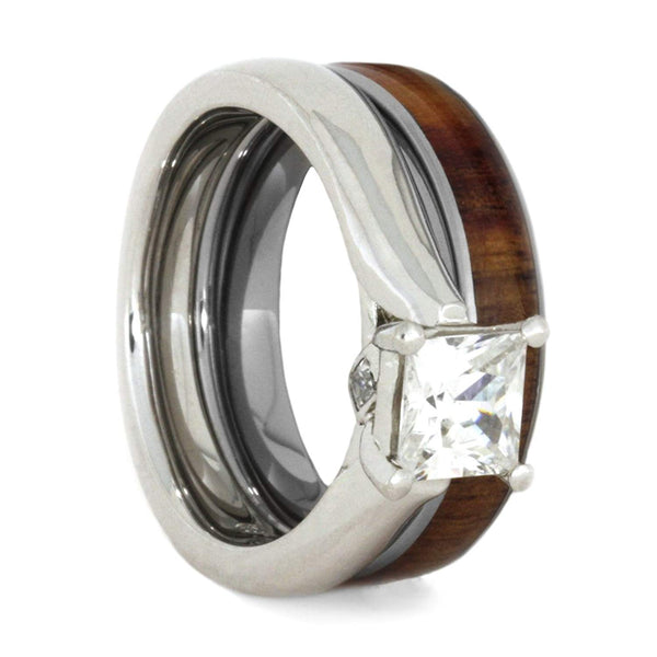 Charles & Colvard Moissanite and Diamond 10k White Gold Engagement Ring, Tulip Wood Titanium Wedding Band, Bridal Set