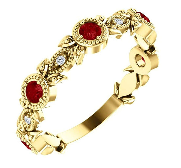 Chatham Created Ruby and Diamond Vintage-Style Ring, 14k Yellow Gold (0.03 Ctw, G-H Color, I1 Clarity)