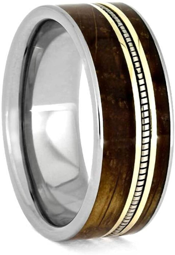 Whiskey Barrel Oak Wood, Cello String, 10k Yellow Gold 8mm Titanium Comfort-Fit Band, Size 4.25