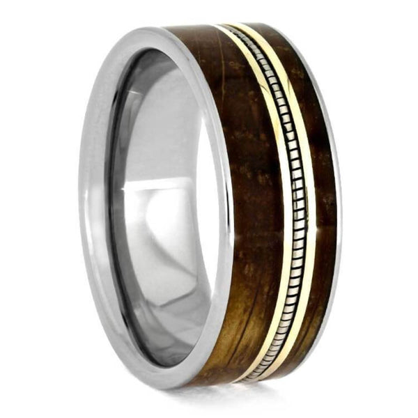 The Men's Jewelry Store (Unisex Jewelry) Whiskey Barrel Oak Wood, Cello String, 10k Yellow Gold 8mm Titanium Comfort-Fit Band, Size 10