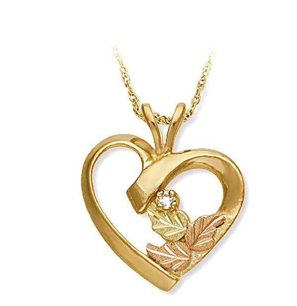Diamond with High Polished Heart Pendant Necklace, 10k Yellow Gold, 12k Green and Rose Gold Black Hills Gold Motif, 18" (0.03 Ct)