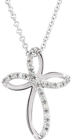 Diamond Twisted Cross Rhodium Plate 14k White Gold Pendant Necklace, 18" (1/10 Cttw)