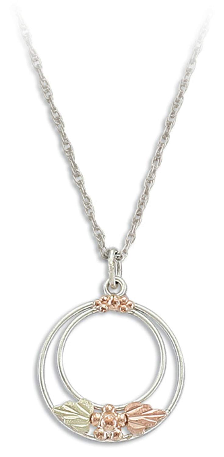 Double Circle Pendant Necklace, Sterling Silver, 10k Yellow Gold 12k Green and Rose Gold Black Hills Gold Motif, 18"
