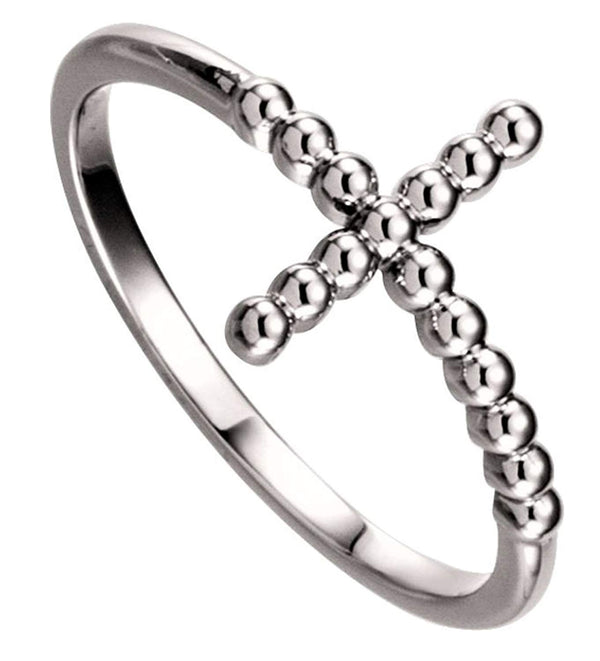 Granulated Sideways Cross Rhodium Plated 14k White Gold Ring, Size 7