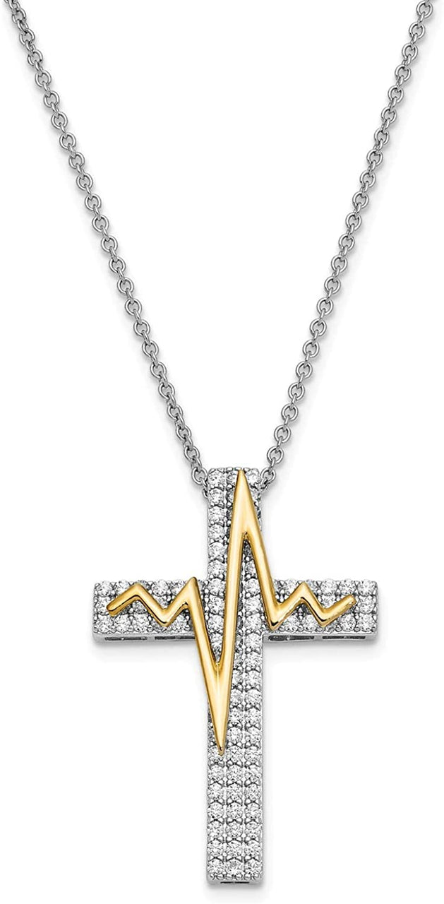 CZ Cross Pendant and Gold-Plated 'Heart Beats For You' Pendant Necklace, Rhodium-Plated Sterling Silver, 18" (32x19MM)