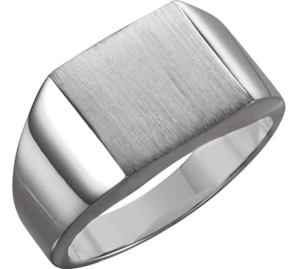Men's Brushed Signet Semi-Polished 18k X1 White Gold Ring (18mm) Size 9.5