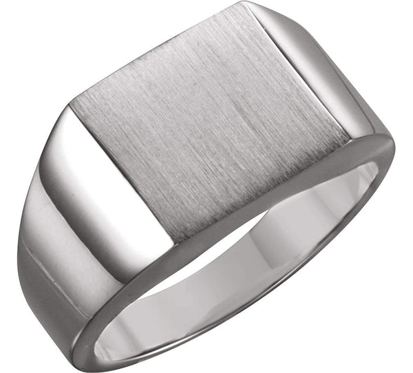 Men's Brushed Signet Semi-Polished 18k X1 White Gold Ring (14mm) Size 6
