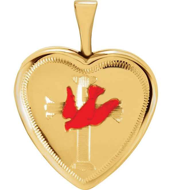 14k Yellow Gold-Plated Sterling Silver Red Dove and Cross Heart Holy Ghost Locket Pendant