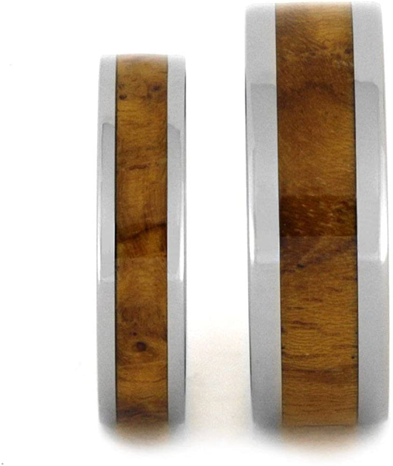 Teak Burl Wood Inlay and His and Hers Titanium Wedding Band Set, M14-F7