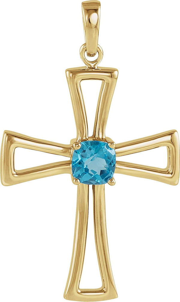 Genuine Swiss Blue Topaz Cut out Cross 14k Yellow Gold Pendant