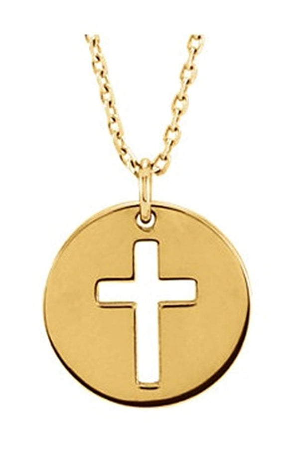Pierced Cross Disc 14k Yellow Gold Pendant Necklace, 16-18" (12X12 MM)