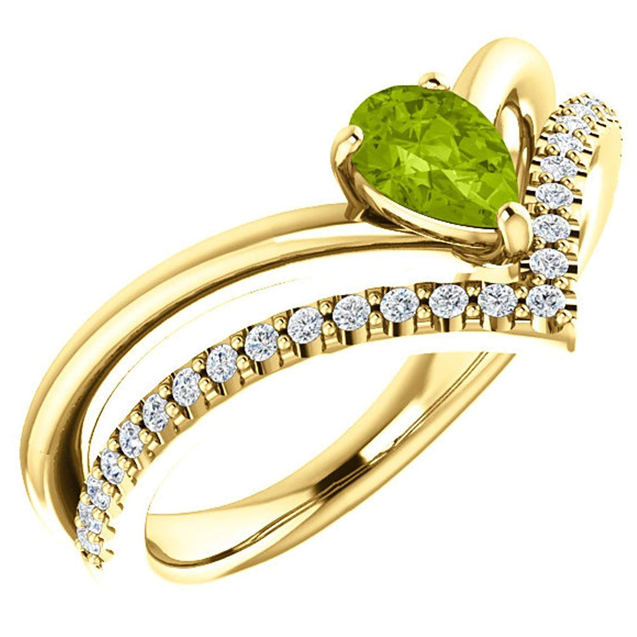 Peridot Pear and Diamond Chevron 14k Yellow Gold Ring (.145 Ctw,G-H Color, I1 Clarity)