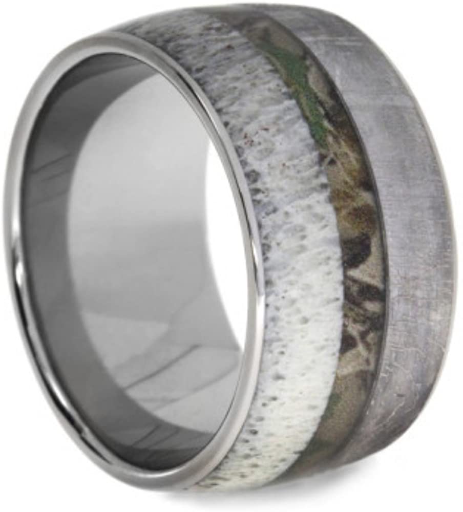 Deer Antler, Gibeon Meteorite, Camo 12mm Comfort Fit Titanium Band, Size 13