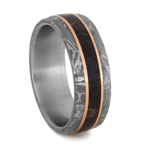 Gibeon Meteorite, Dinosaur Bone, 14k Rose Gold 8mm Comfort-Fit Brushed Titanium Band, Size 12.5