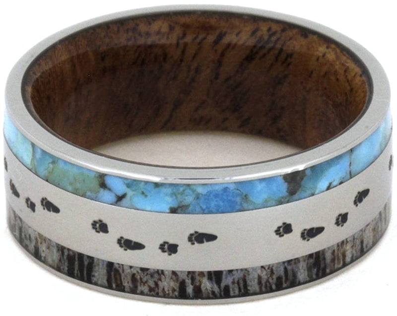 Antler, Turquoise, Mesquite Wood, Bear Tracks Engraving 9mm Comfort-Fit Titanium Band, Size 14.25