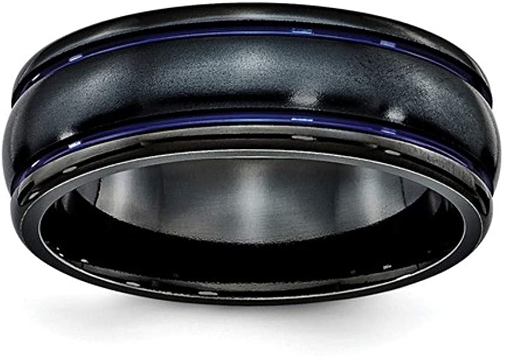 Edward Mirell Black Titanium Scroll Pattern Grooved Blue Anodized 8mm Wedding Band, Size 10