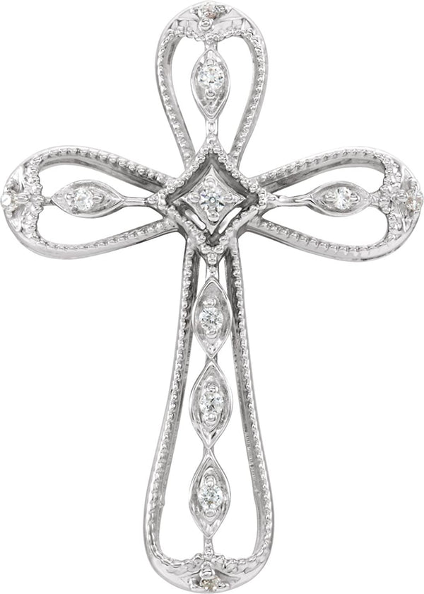 Diamond Lattice Cross Rhodium-Plated 14k White Gold Pendant (.05 Ctw, H+ Color, I1 Clarity)