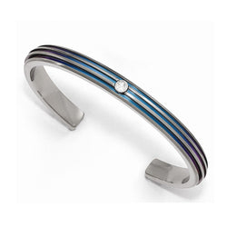 Radiance Collection Gray Titanium Triple Groove Blue Anodized and White Sapphire Cuff Bangle Bracelet