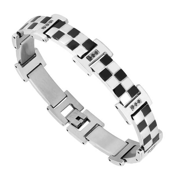 Men's Black Ion Plated Checkerboard with CZ Bracelet, Stainless Steel, 8.5"