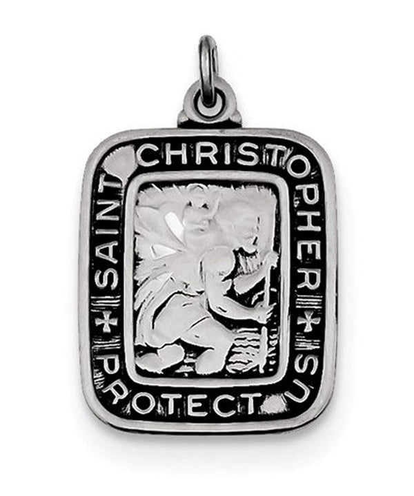 Sterling Silver Antiqued Square St. Christopher Medal Pendant (21X15MM)