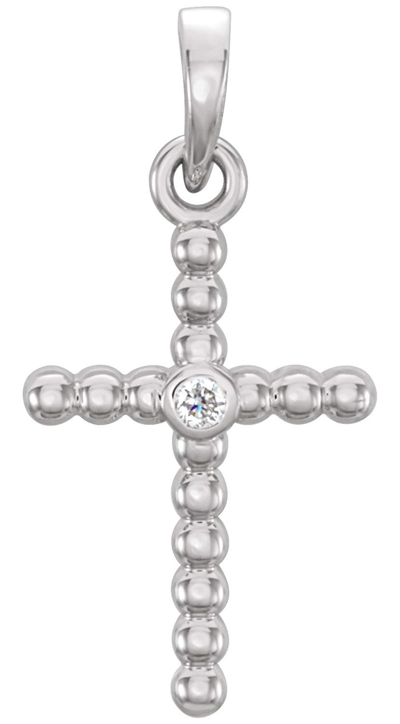 Diamond Beaded Cross Rhodium-Plated 14k White Gold Pendant (.015 Ct, G-H Color, I1 Clarity)