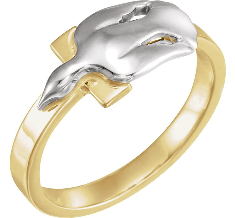 2-Tone Dove Cross Ring, Rhodium-Plated 10k Yellow and White Gold, Size 8