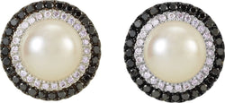 14k White Gold Freshwater Cultured Pearl, Black and White Diamond Halo Earrings