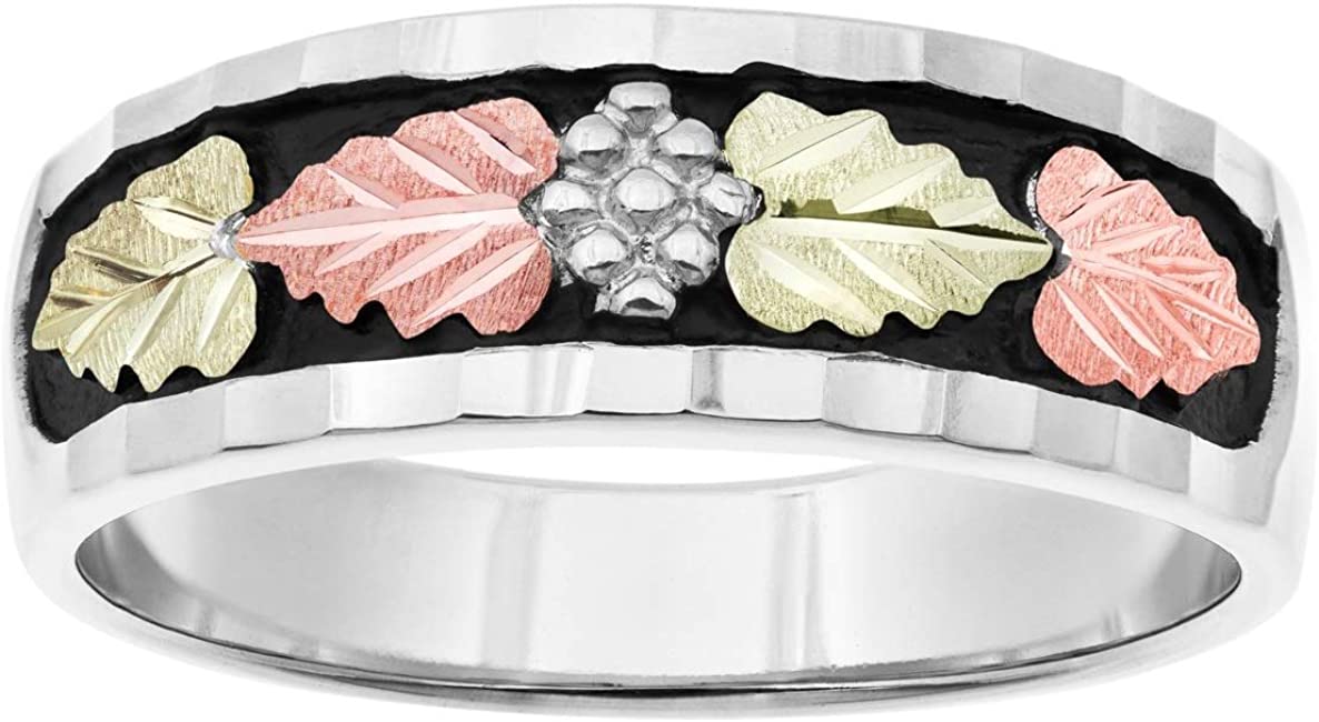 Men's Rhodium-Plated Sterling Silver 12k Rose and Green Gold Black Diamond-Cut Black Hills Gold Wedding Band, Size 13.75