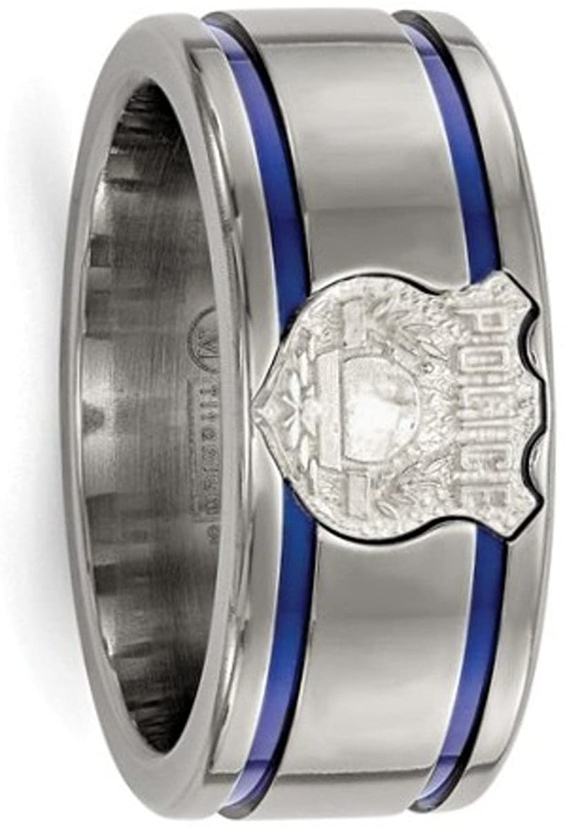 Edward Mirell Titanium Blue Anodized with SS Police Shield Tag 10mm Flat Band, Size 8.5