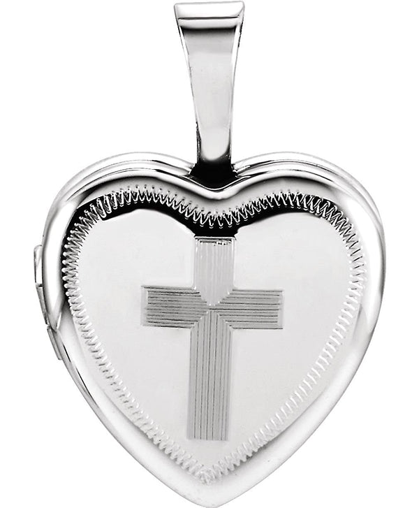 Milgrain Edge Heart with Cross Sterling Silver Locket (12.50X12.50 MM)
