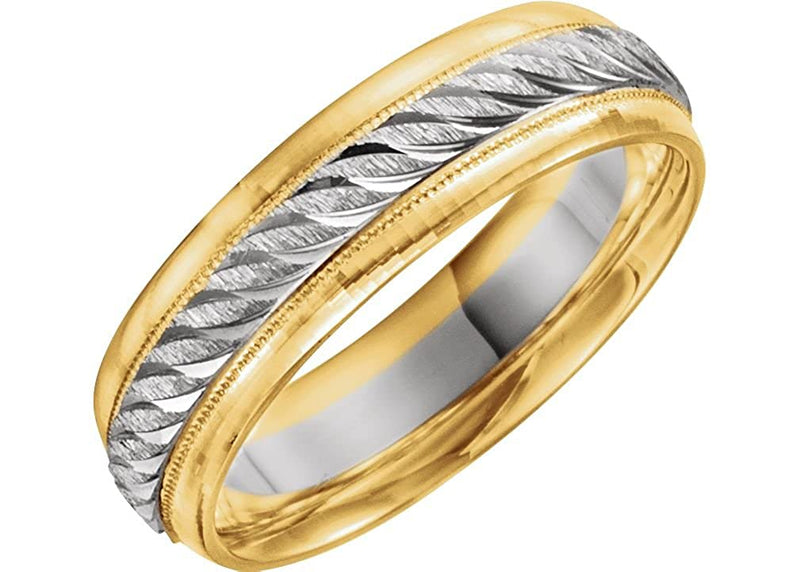 14k Yellow and White Gold Ice-Cut Engraved Pattern Milgrain 6mm Comfort-Fit Band
