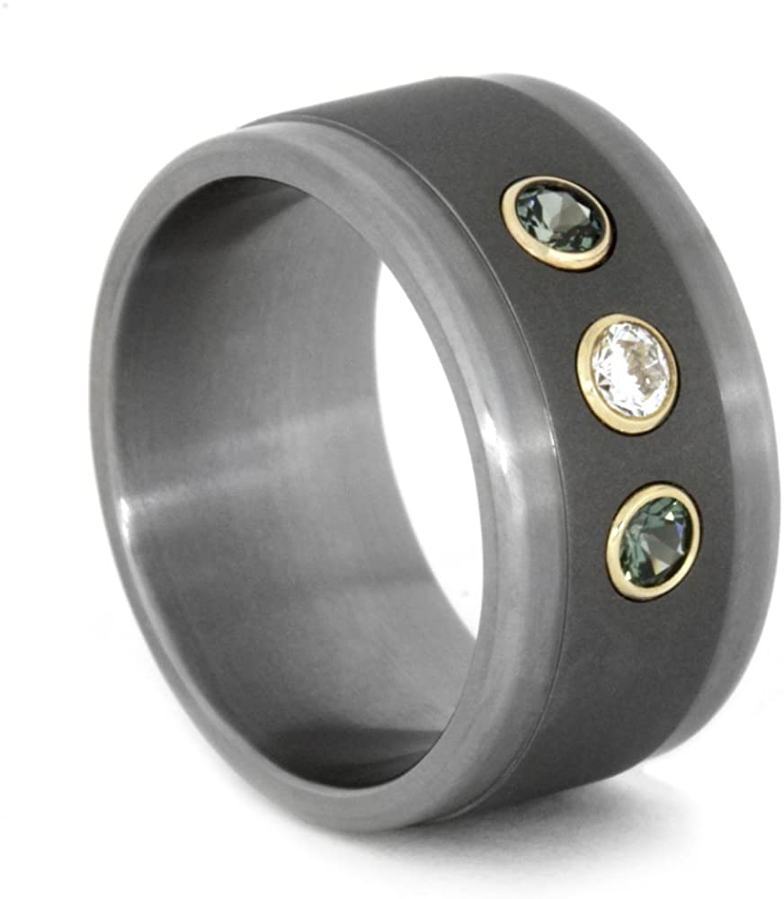 Diamond and Blue Sapphire 10mm Comfort-Fit Sandblasted Titanium Band