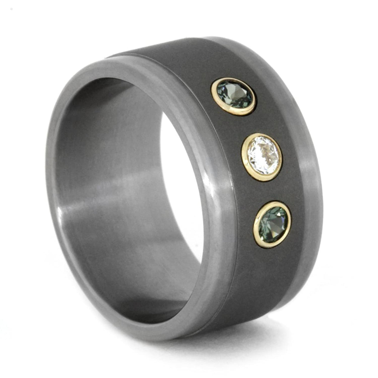 3-Stone Diamond and Blue Sapphire 10mm Comfort-Fit Sandblasted Titanium Band