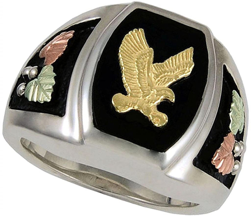 Men's Onyx Eagle Ring, Sterling Silver, 10k Yellow Gold, 12k Green and Rose Gold Black Hills Gold Motif