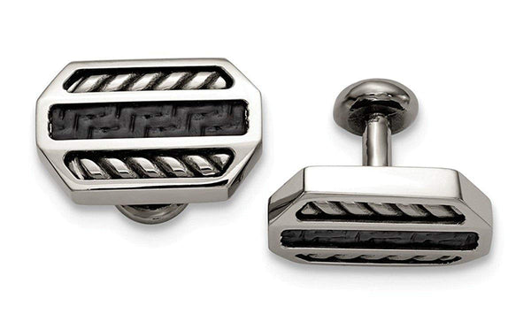 Carbon Fiber Collection Stainless Steel and Black Octagon Cuff Links, 16.25X25MM