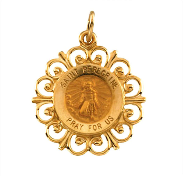 Rhodium Plated 14k Yellow Gold St. Peregrine Medal (18.5MM)