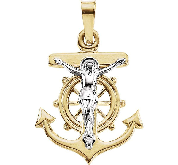 Two-Tone Mariner's Cross Anchored Crucifix 14k Yellow and White Gold Cross Pendant (15X16MM)