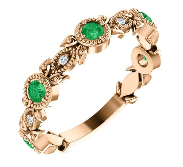Chatham Created Emerald and Diamond Vintage-Style Ring, 14k Rose Gold (0.03 Ctw, G-H Color, I1 Clarity)