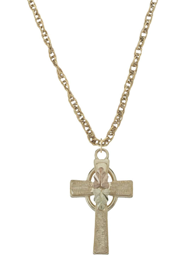 Halo Cross Necklace, 10k Yellow Gold, 12k Green and Rose Gold Black Hills Gold Motif, 18"