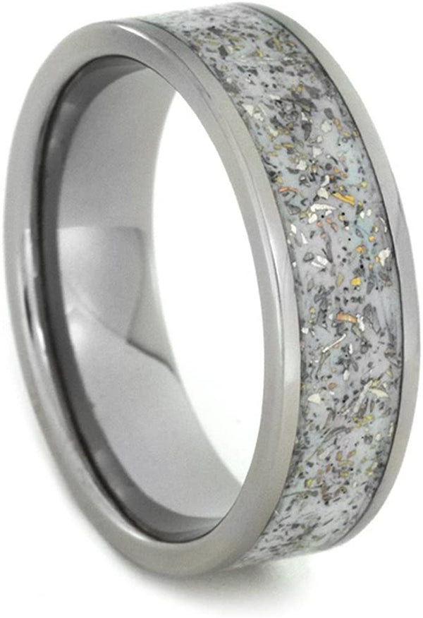 White Meteorite Ring with 14k Yellow Gold Flecks 7mm Comfort-Fit Titanium Band, Size 6.75