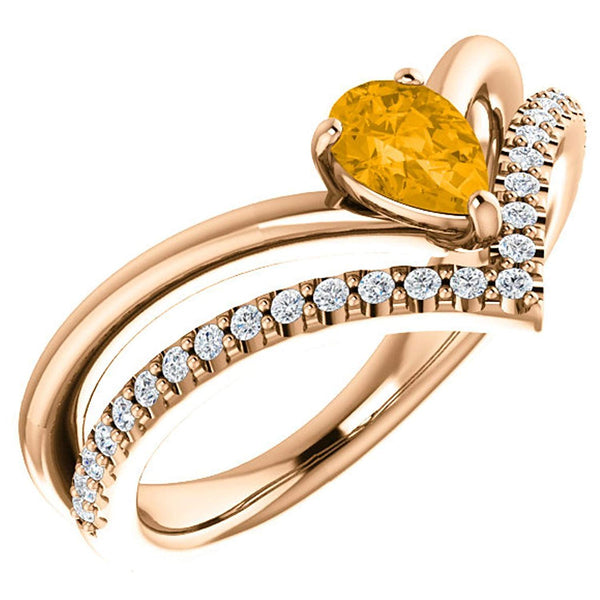 Citrine Pear and Diamond Chevron 14k Rose Gold Ring (.145 Ctw, G-H Color, I1 Clarity)