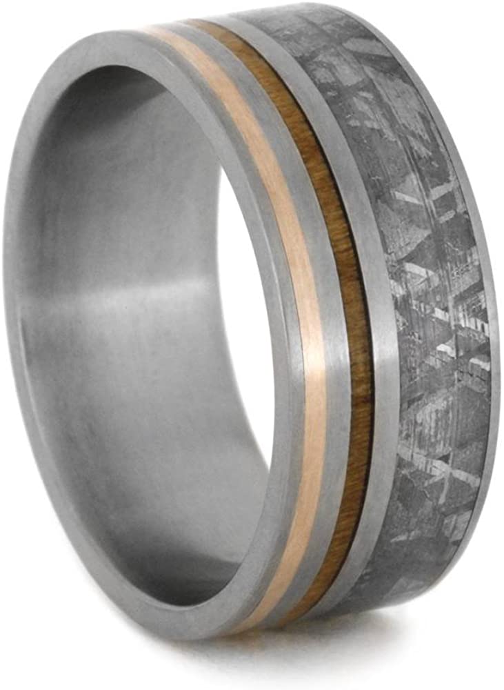 Gibeon Meteorite, Kauri Wood, 14k Rose Gold 9mm Comfort Fit Titanium Wedding Band, Size 8.5