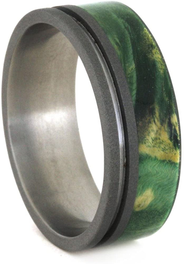 Green Box Elder Burl 8mm Comfort-Fit Sandblasted Titanium Band, Size 8.75