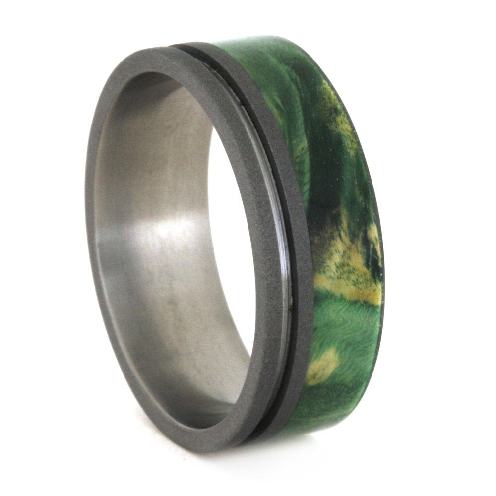 Green Box Elder Burl 8mm Comfort-Fit Sandblasted Titanium Band