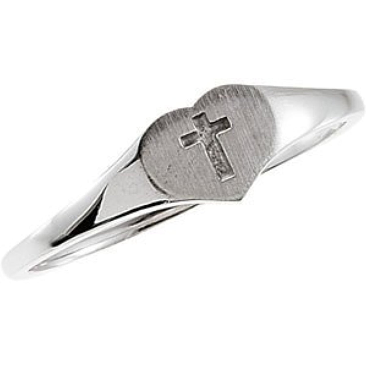 Girls's Heart and Cross 4.25mm Signet Ring, Rhodium-Plated 14k White Gold, Size 3